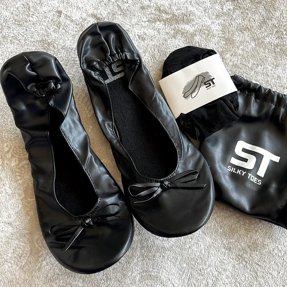 Brand New Foldable Black Bow Flats Travel Ballet Shoes Ballerina Slippers Purse